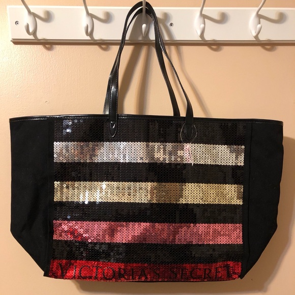 NEW Victoria's Secret Bling Sequin Striped Carryall Tote Bag! - Picture 2 of 5